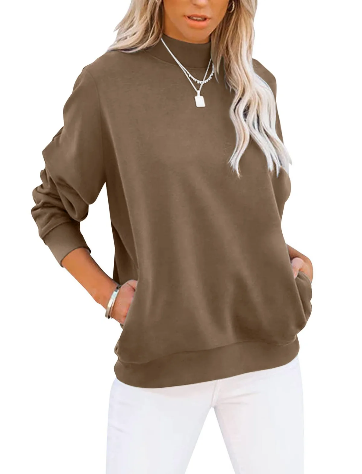 TICTICMIMI Mock neck tunic sweatshirt with pockets in Brown