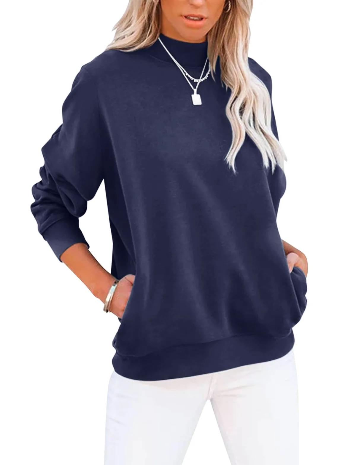 TICTICMIMI Mock neck tunic sweatshirt with pockets in Dark Blue