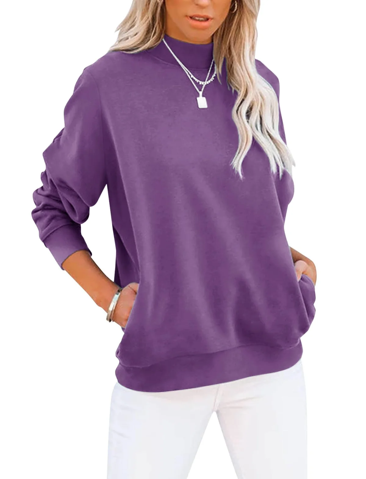 TICTICMIMI Mock neck tunic sweatshirt with pockets in Dark Purple