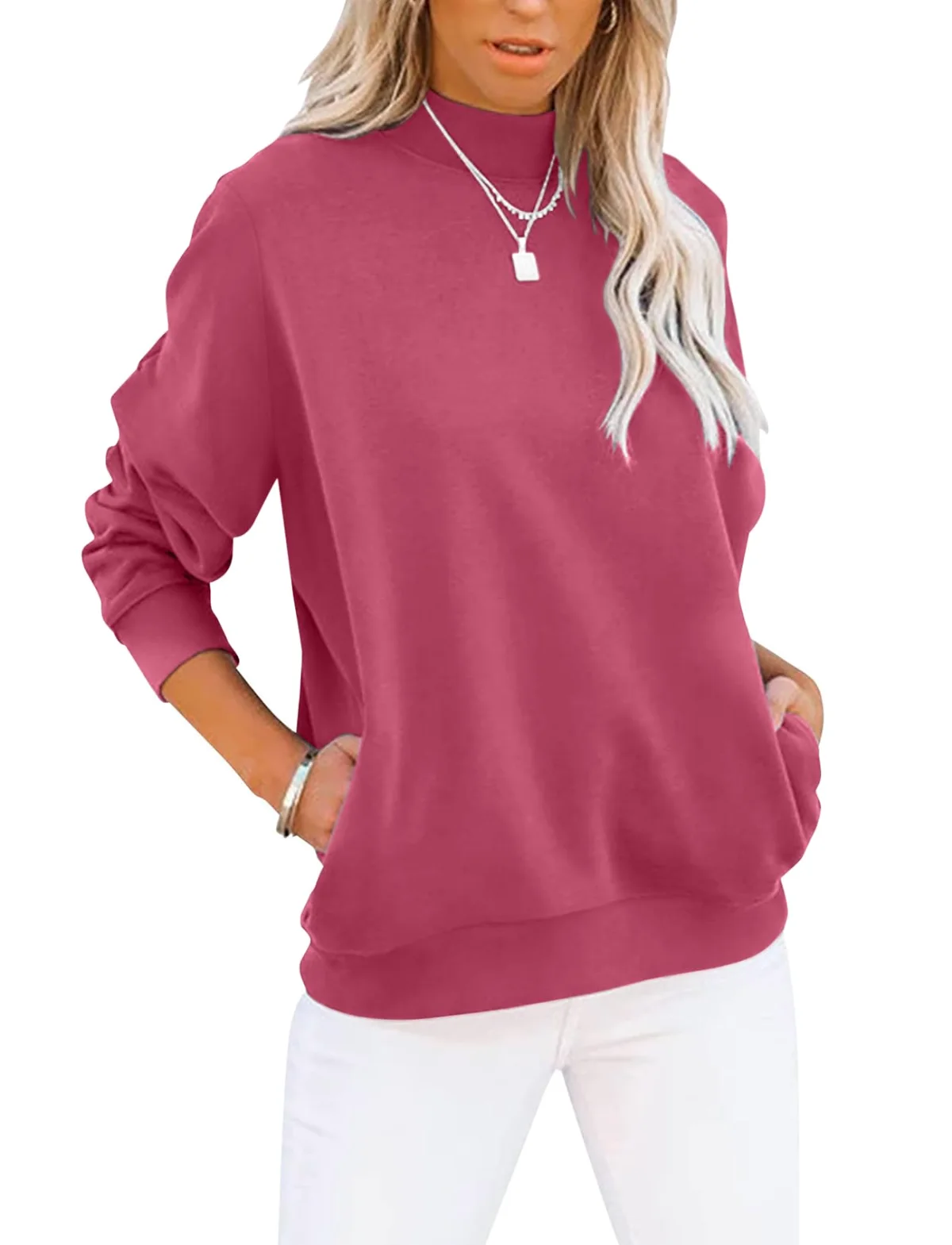 TICTICMIMI Mock neck tunic sweatshirt with pockets in Hot Pink