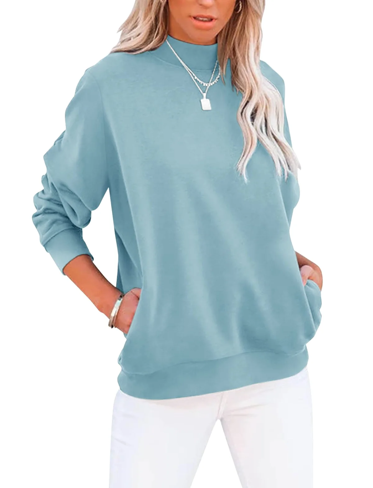 TICTICMIMI Mock neck tunic sweatshirt with pockets in Light Blue