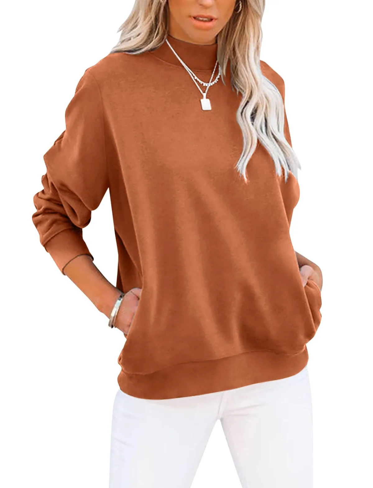 TICTICMIMI Mock neck tunic sweatshirt with pockets in Orange