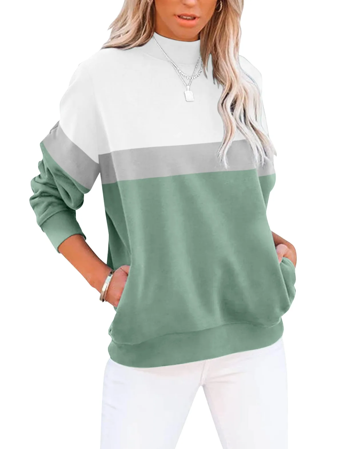 TICTICMIMI Mock neck tunic sweatshirt with pockets in White Green