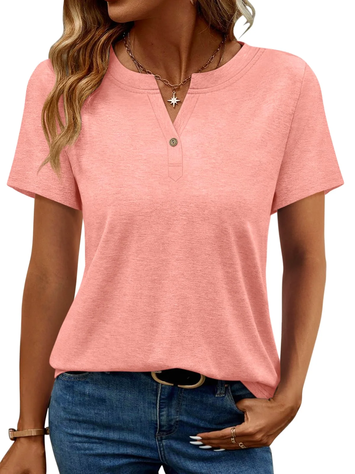 TICTICMIMI Notch V-neck henley tee in Coral