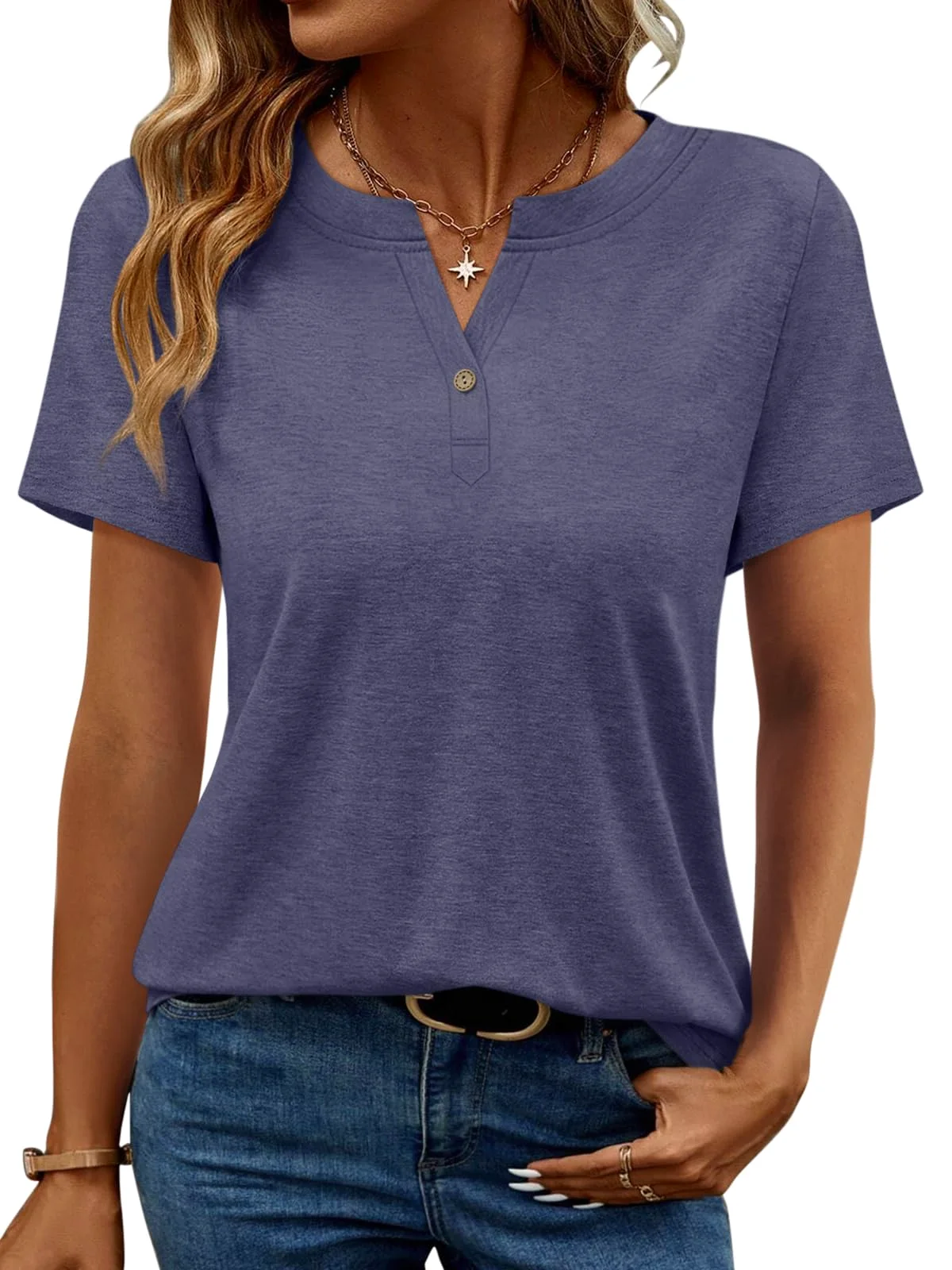 TICTICMIMI Notch V-neck henley tee in Navy Blue