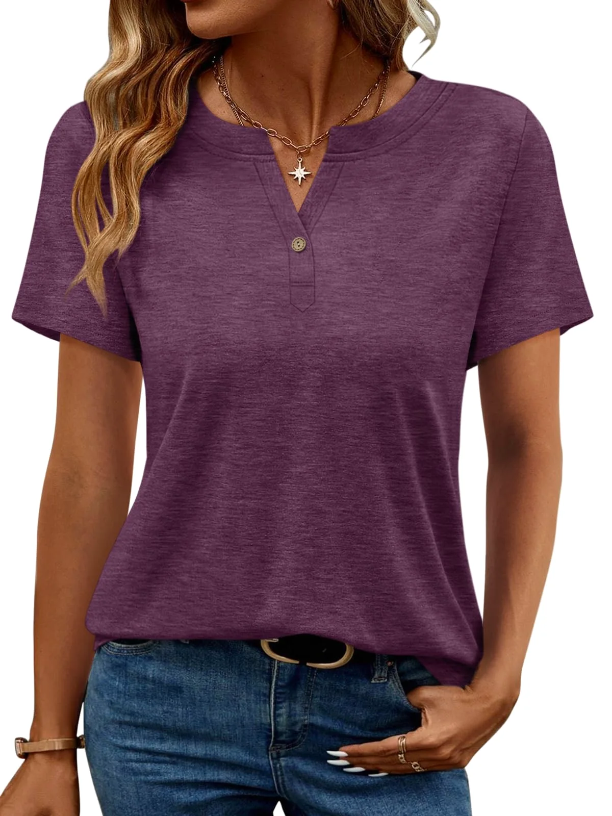 TICTICMIMI Notch V-neck henley tee in Purple