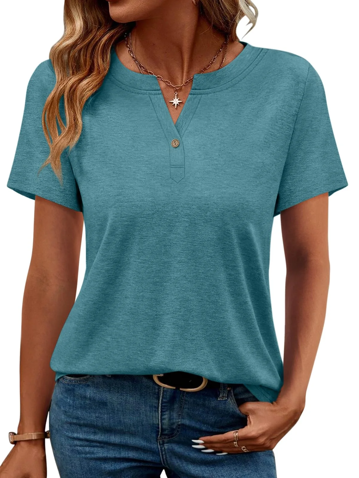 TICTICMIMI Notch V-neck henley tee in Teal