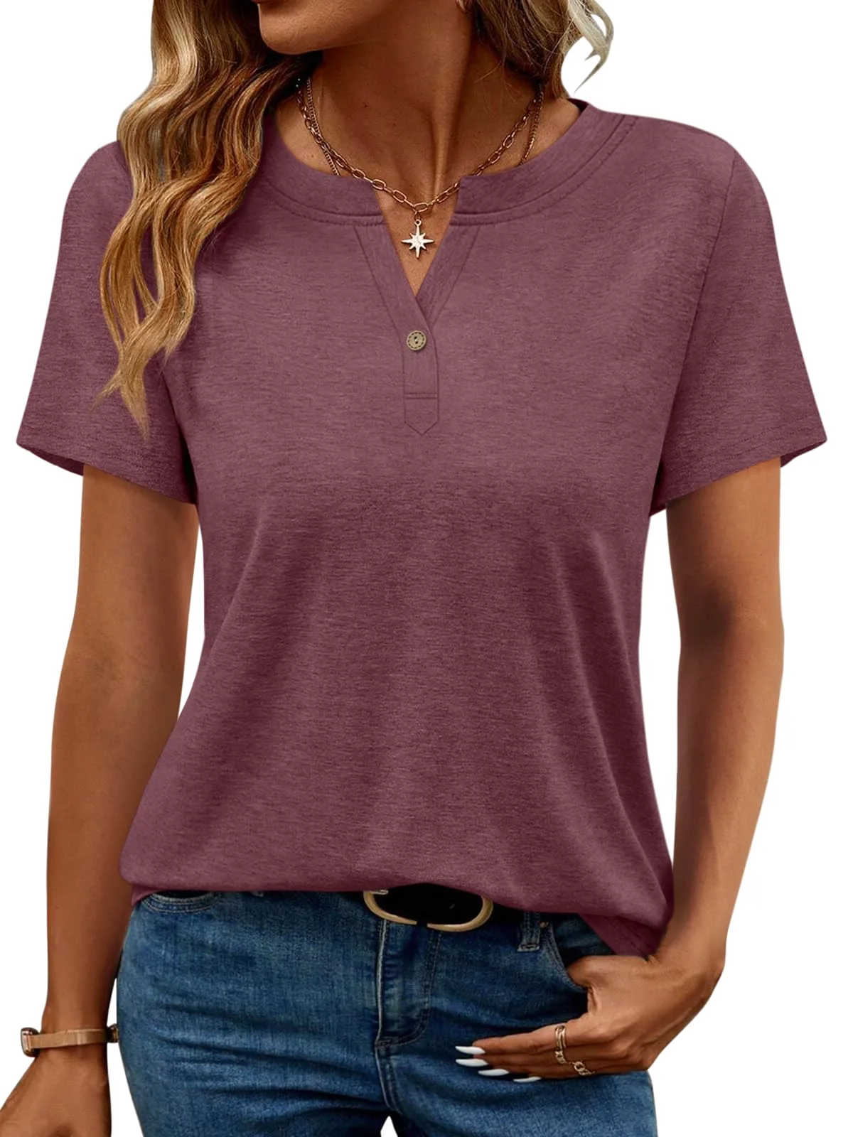 TICTICMIMI Notch V-neck henley tee in Wine Red