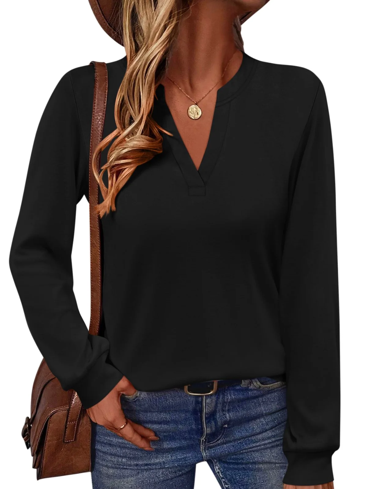 TICTICMIMI Notched V-neck long sleeve tunic in Black