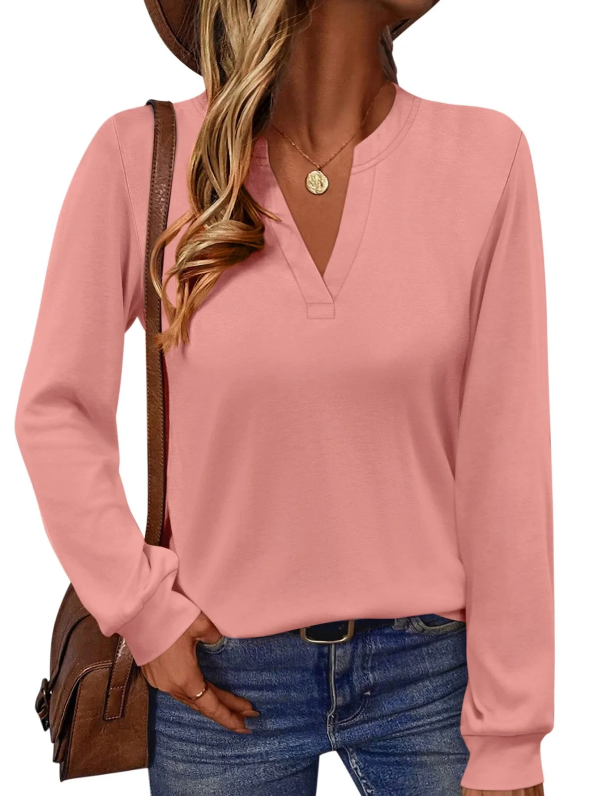 TICTICMIMI Notched V-neck long sleeve tunic in Coral