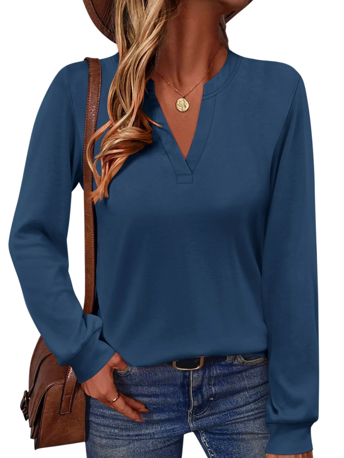 TICTICMIMI Notched V-neck long sleeve tunic in Dark Blue
