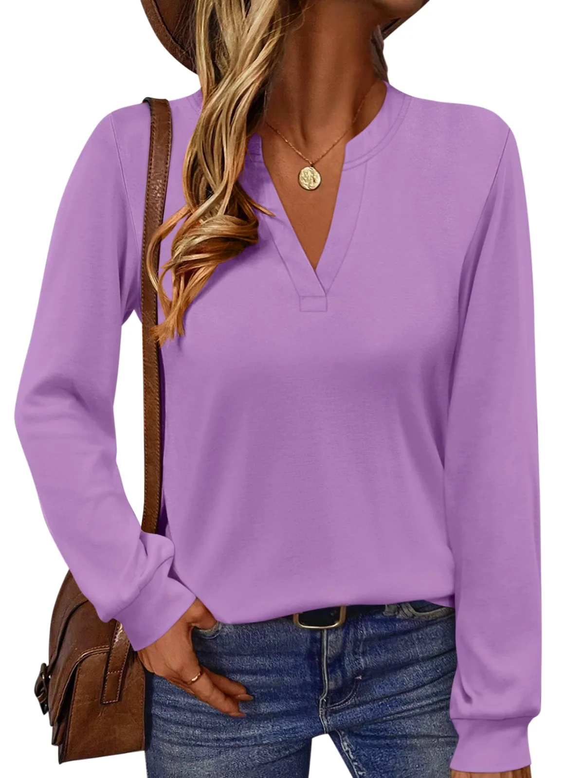 TICTICMIMI Notched V-neck long sleeve tunic in Lavender