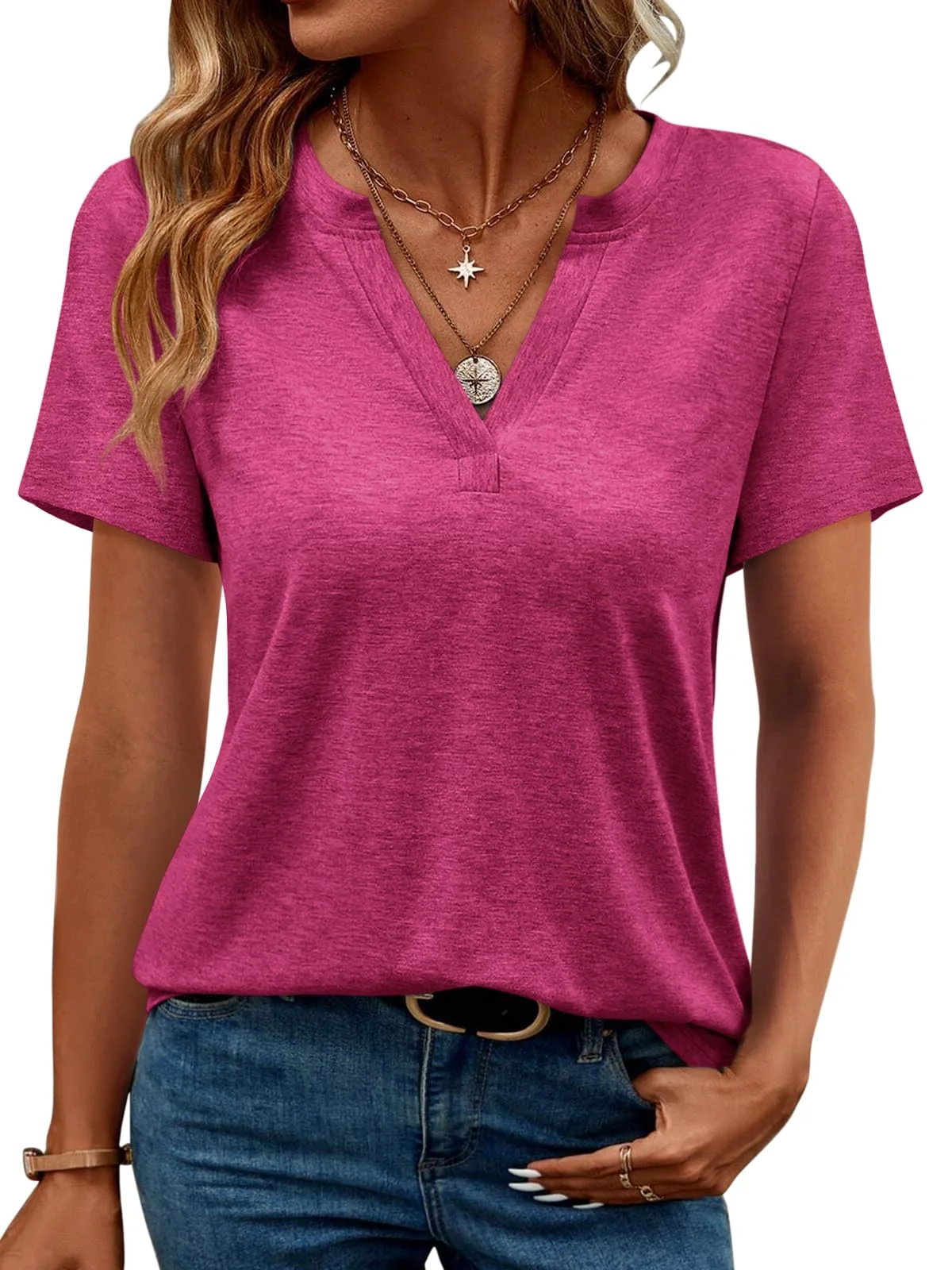 TICTICMIMI Notched V-neck short sleeve tee in Hot Pink