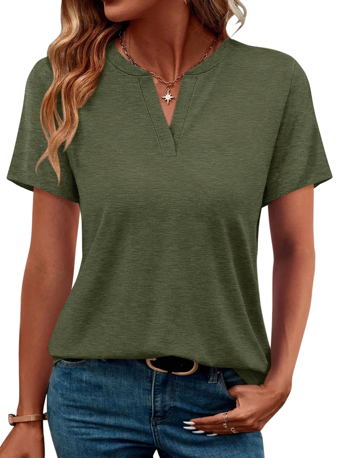 TICTICMIMI Notched V-neck tunic tee in Army Green