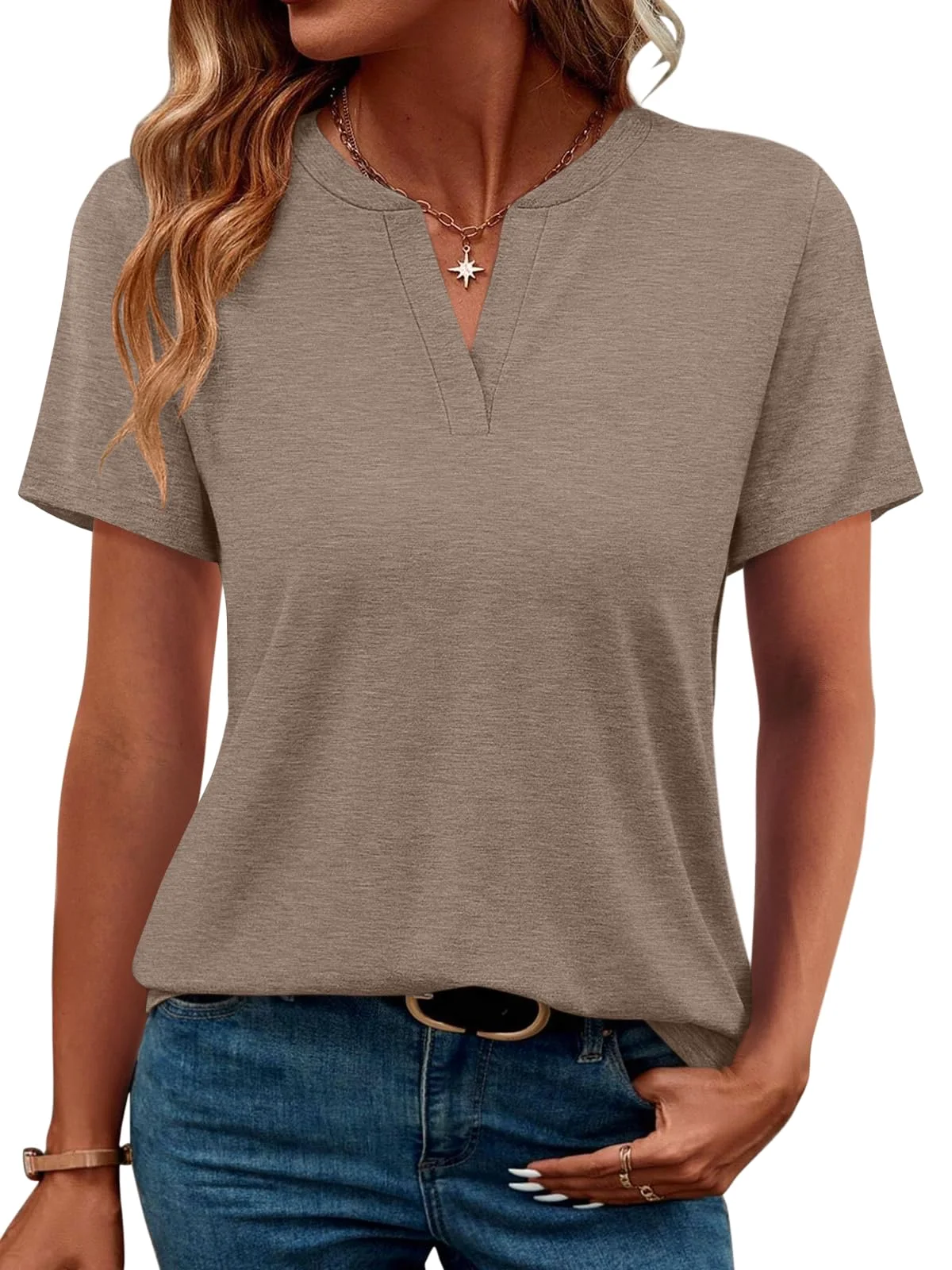 TICTICMIMI Notched V-neck tunic tee in Coffee