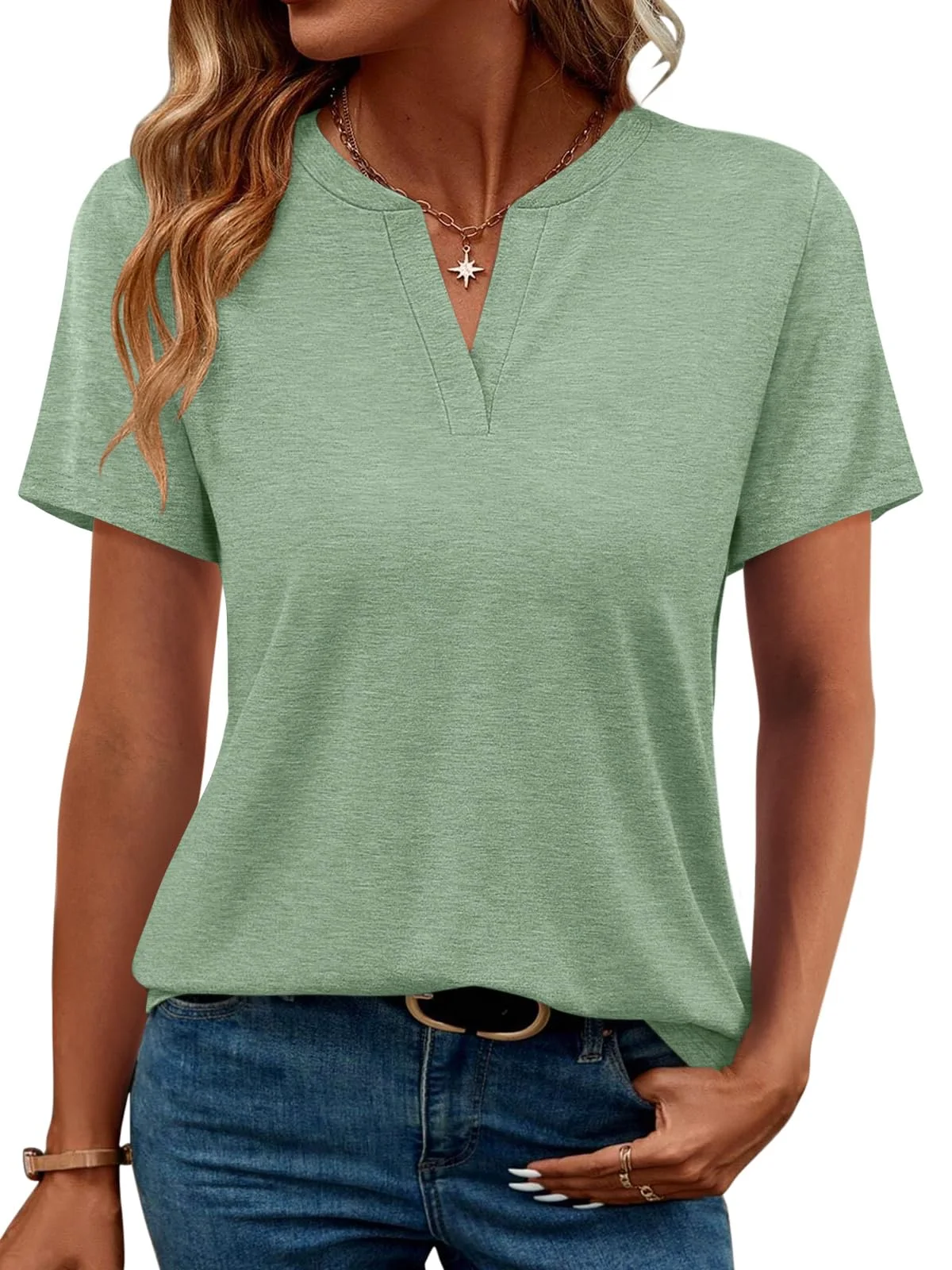 TICTICMIMI Notched V-neck tunic tee in Grass Green