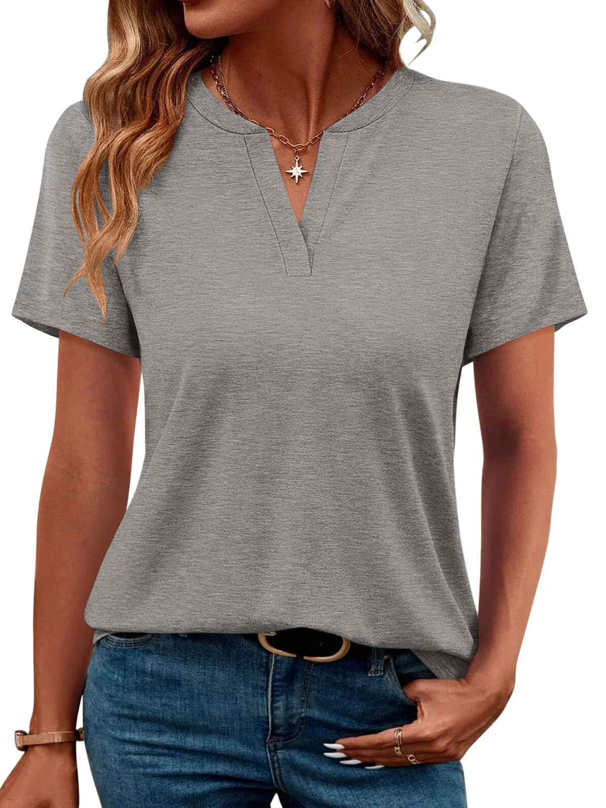 TICTICMIMI Notched V-neck tunic tee in Gray