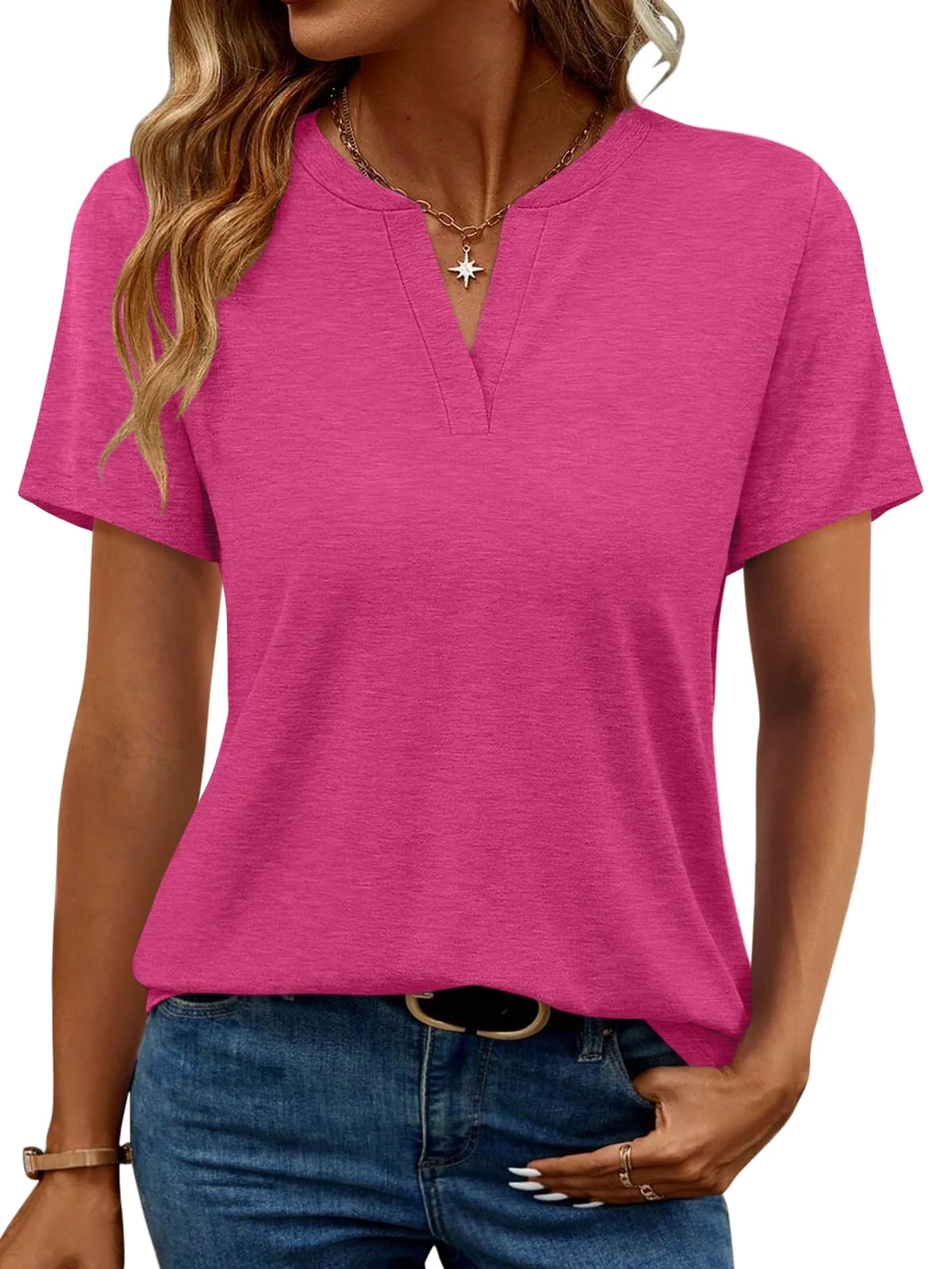 TICTICMIMI Notched V-neck tunic tee in Hot Pink