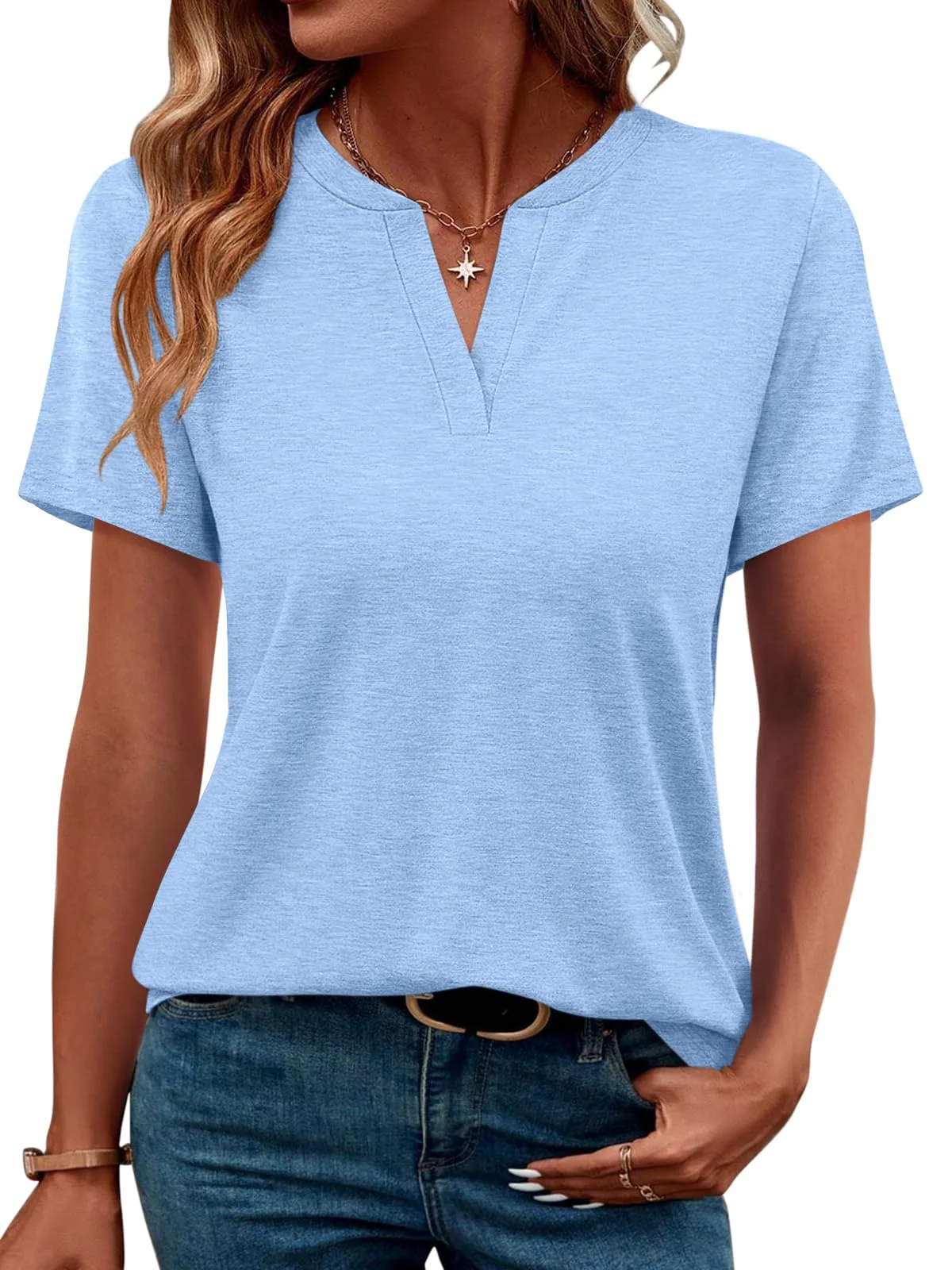 TICTICMIMI Notched V-neck tunic tee in Light Blue
