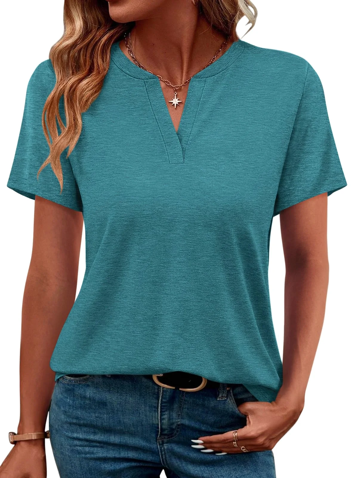 TICTICMIMI Notched V-neck tunic tee in Teal