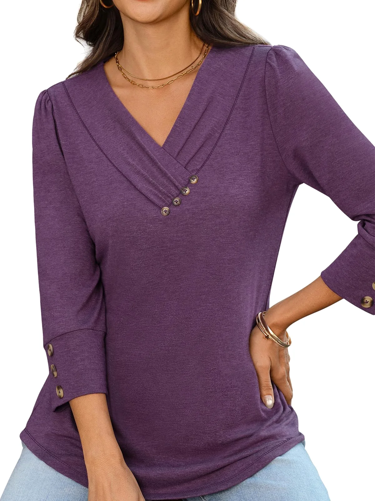 TICTICMIMI Pleated V-neck 3/4 sleeve blouse in Plum Purple