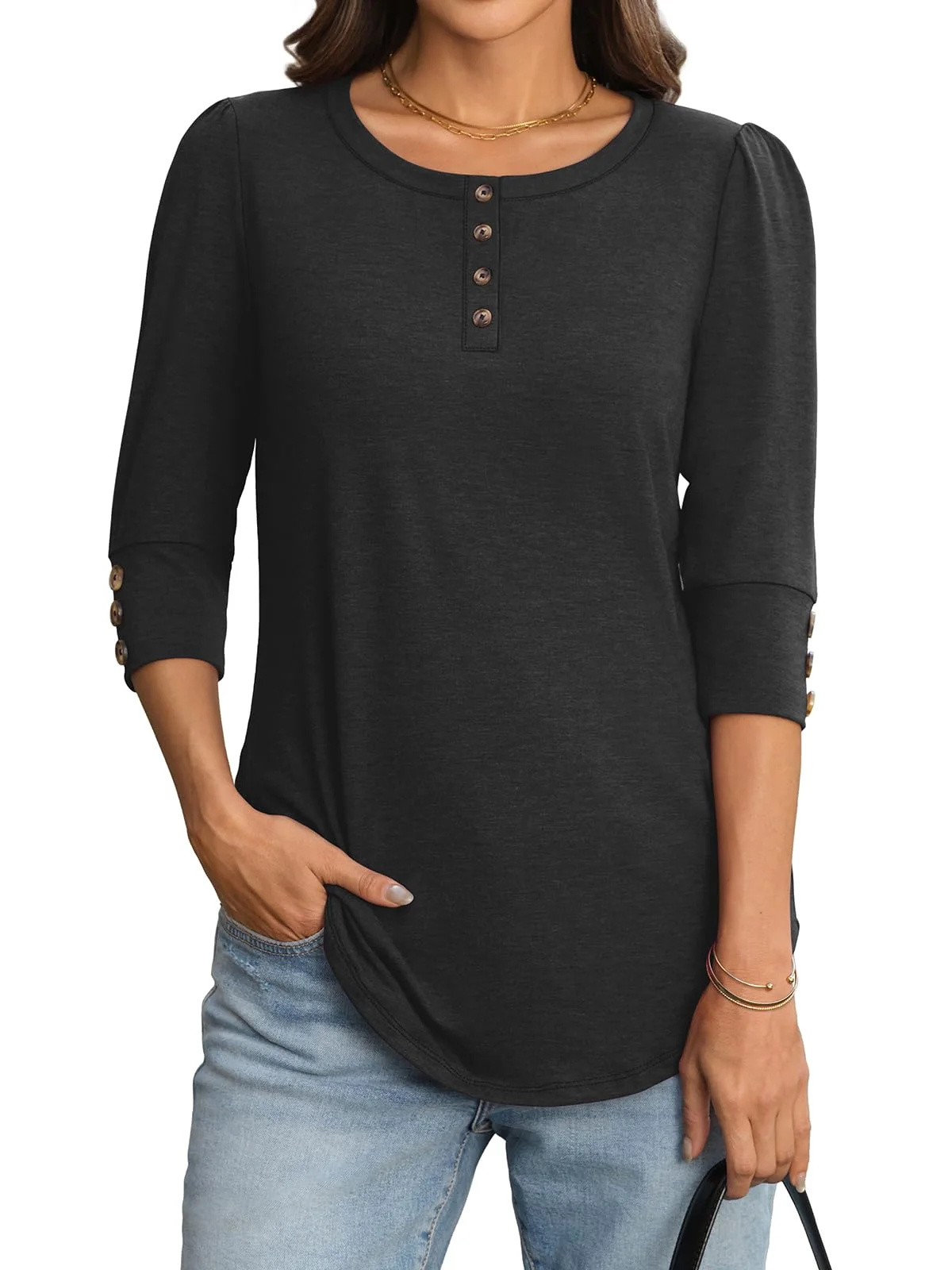 TICTICMIMI Puff sleeve henley blouse in Black