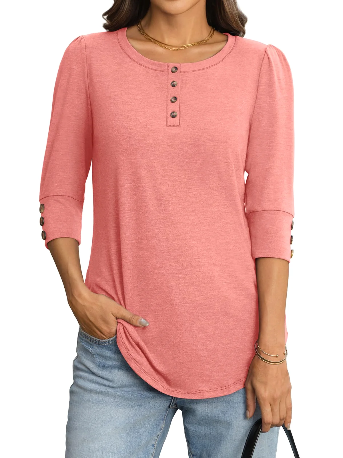 TICTICMIMI Puff sleeve henley blouse in Coral Pink