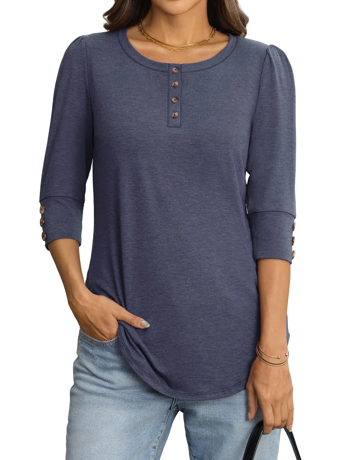 TICTICMIMI Puff sleeve henley blouse in Midnight Blue