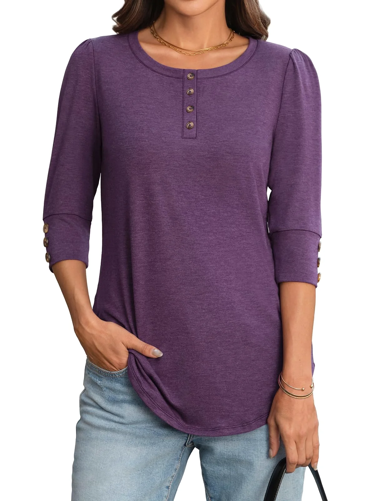 TICTICMIMI Puff sleeve henley blouse in Plum Purple
