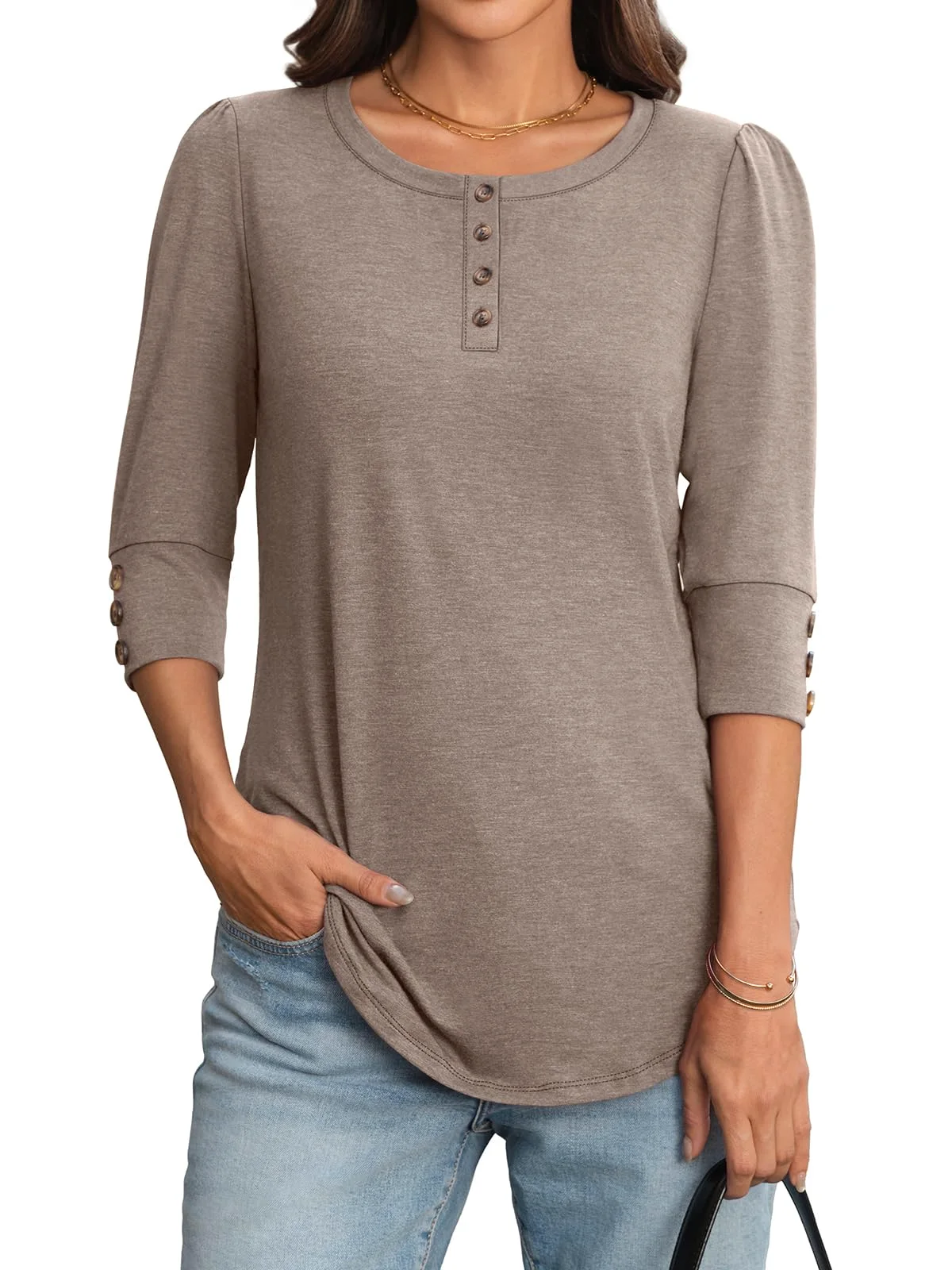 TICTICMIMI Puff sleeve henley blouse in Taupe