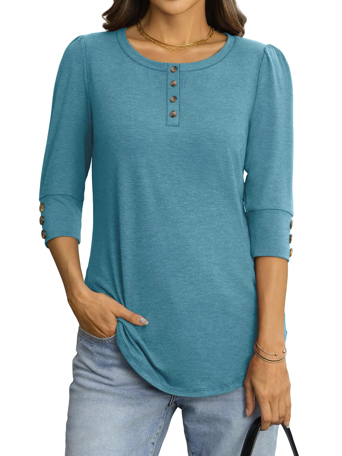 TICTICMIMI Puff sleeve henley blouse in Teal