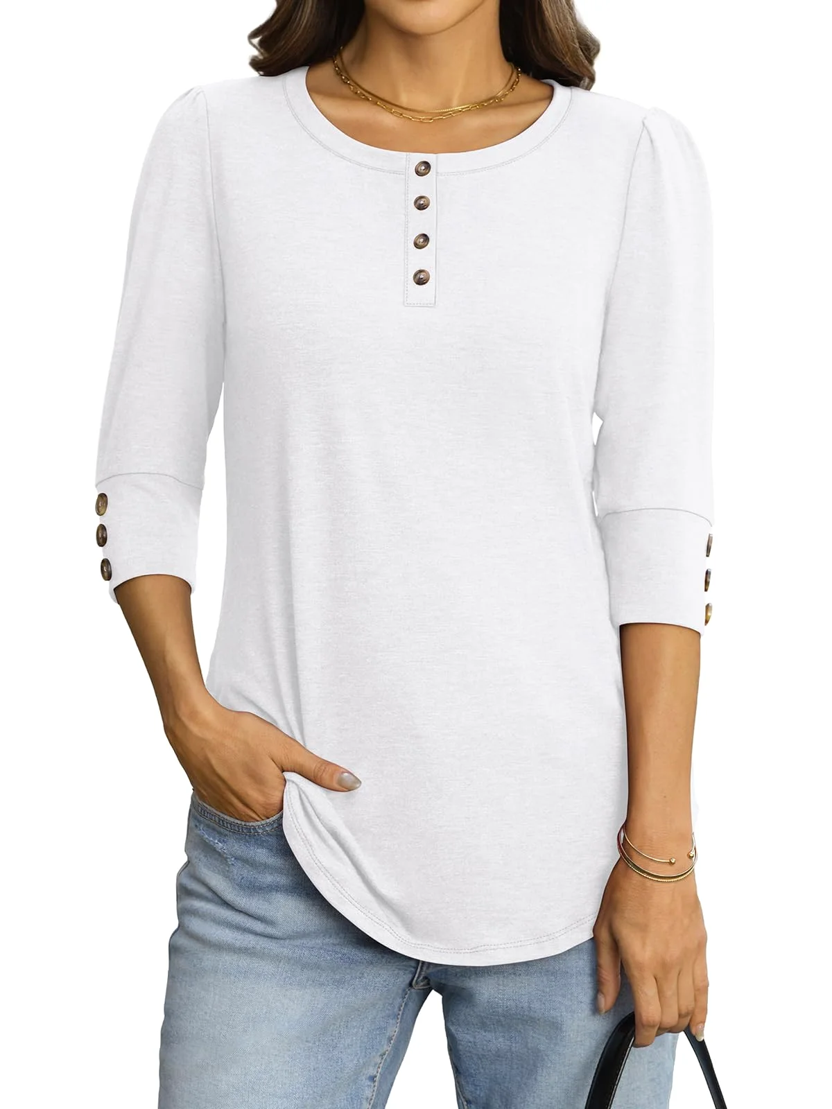 TICTICMIMI Puff sleeve henley blouse in White