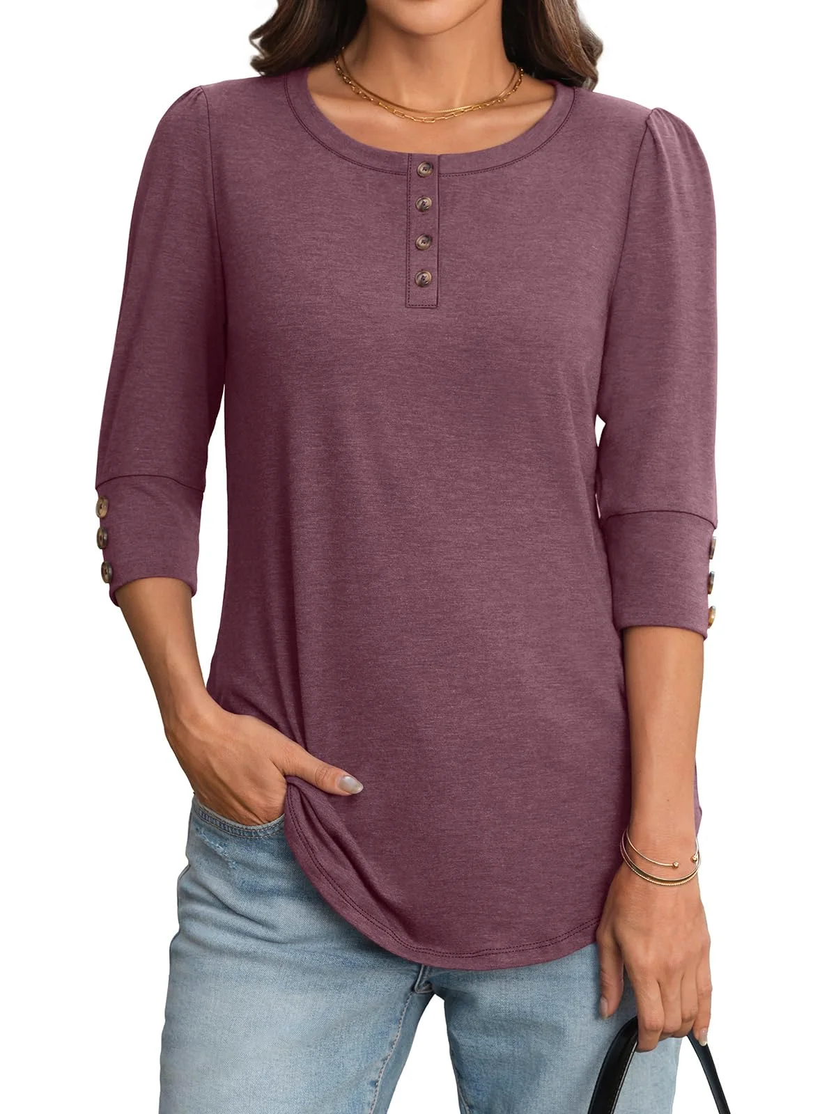TICTICMIMI Puff sleeve henley blouse in Wine Red