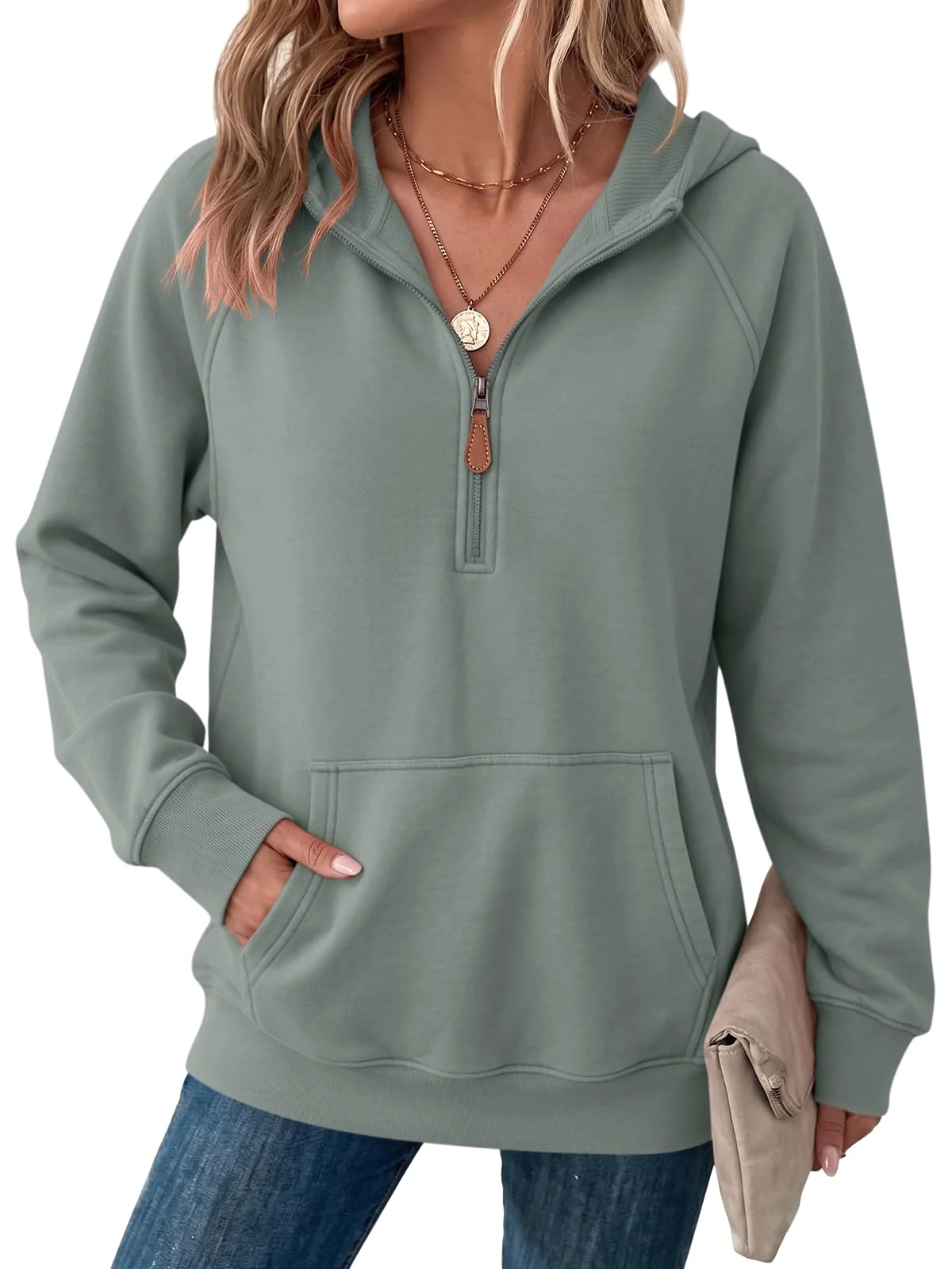 TICTICMIMI Quarter-zip oversized hoodie in Gray Green