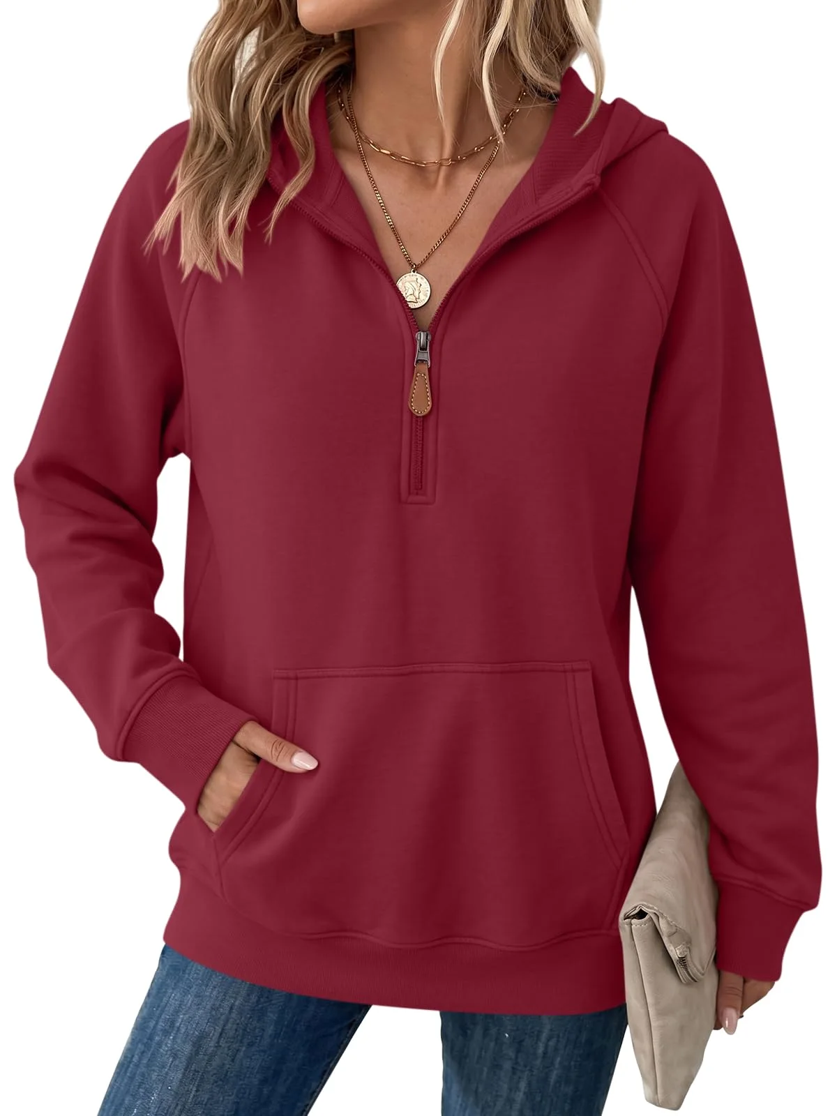 TICTICMIMI Quarter-zip oversized hoodie in Wine Red