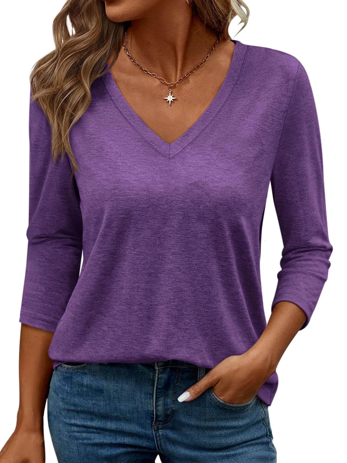 TICTICMIMI Relaxed V-neck 3/4 sleeve top in Dark Purple