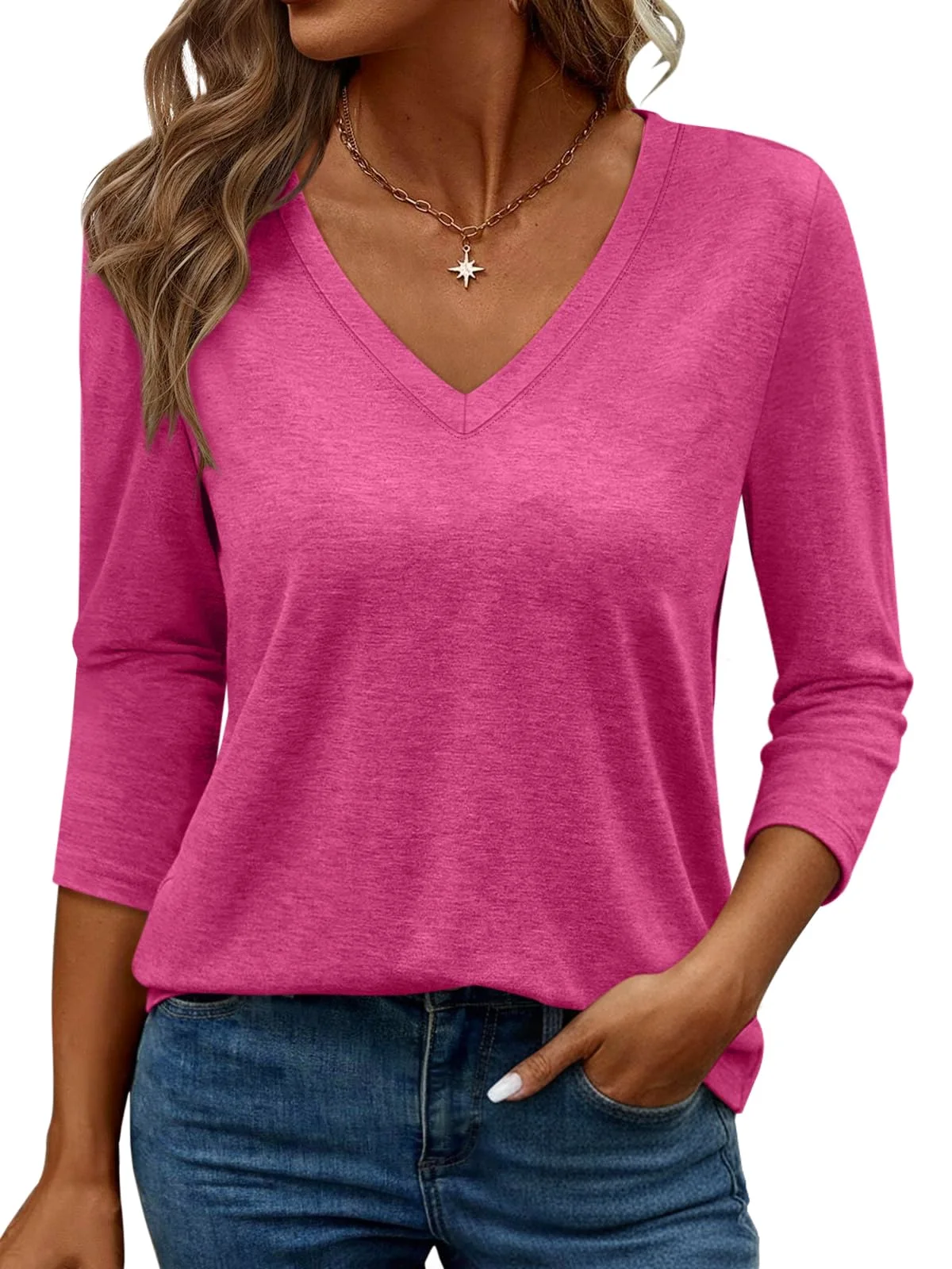 TICTICMIMI Relaxed V-neck 3/4 sleeve top in Hot Pink