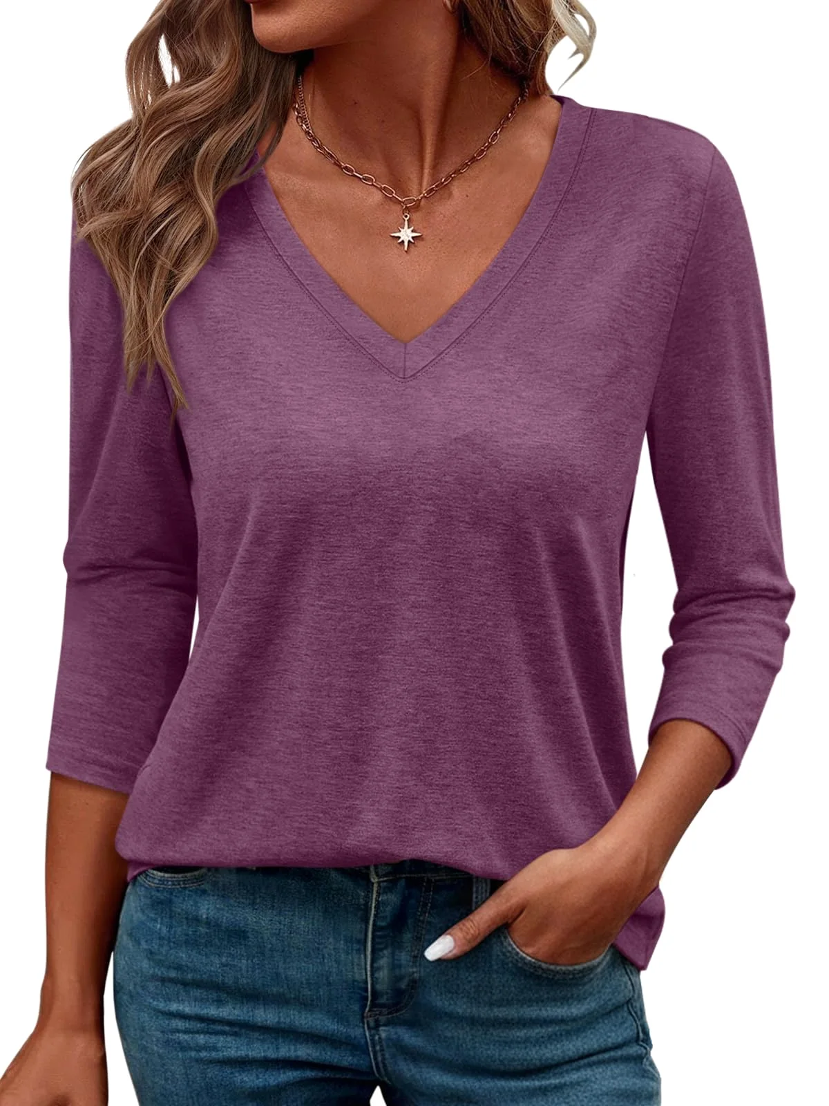 TICTICMIMI Relaxed V-neck 3/4 sleeve top in Plum