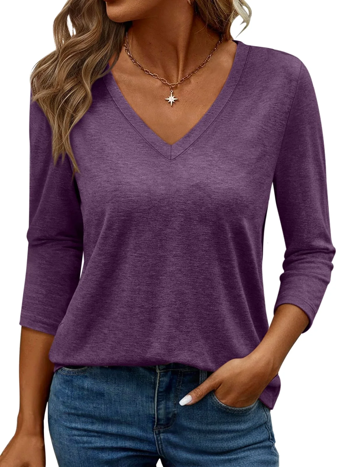 TICTICMIMI Relaxed V-neck 3/4 sleeve top in Purple