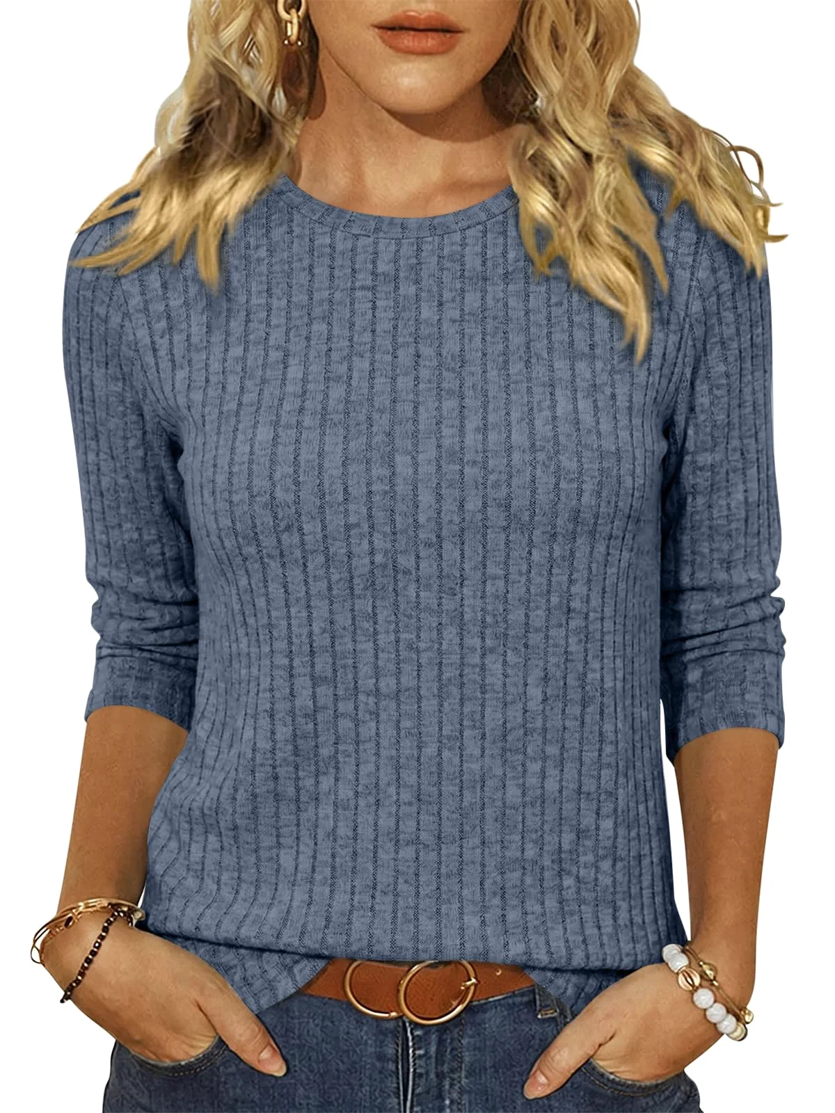TICTICMIMI Ribbed crewneck 3/4 sleeve tunic in Blue