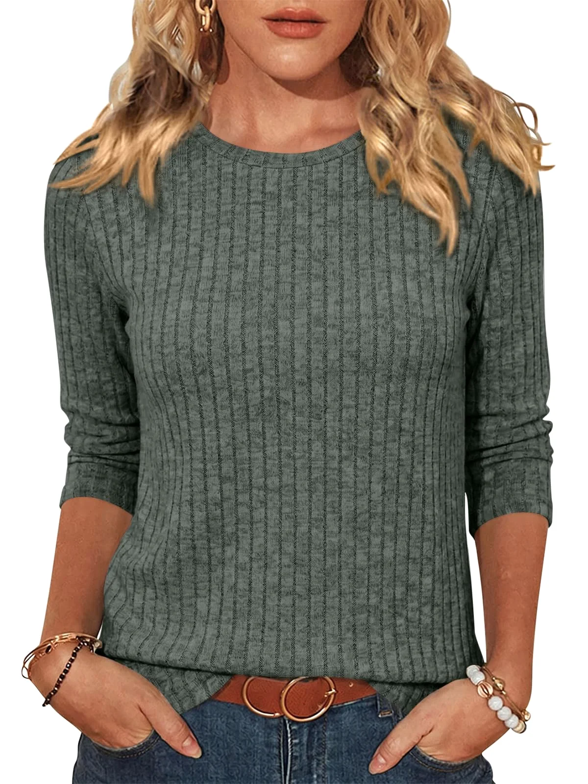 TICTICMIMI Ribbed crewneck 3/4 sleeve tunic in Dark Green