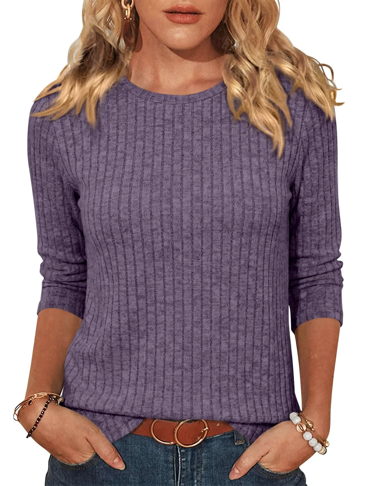 TICTICMIMI Ribbed crewneck 3/4 sleeve tunic in Purple