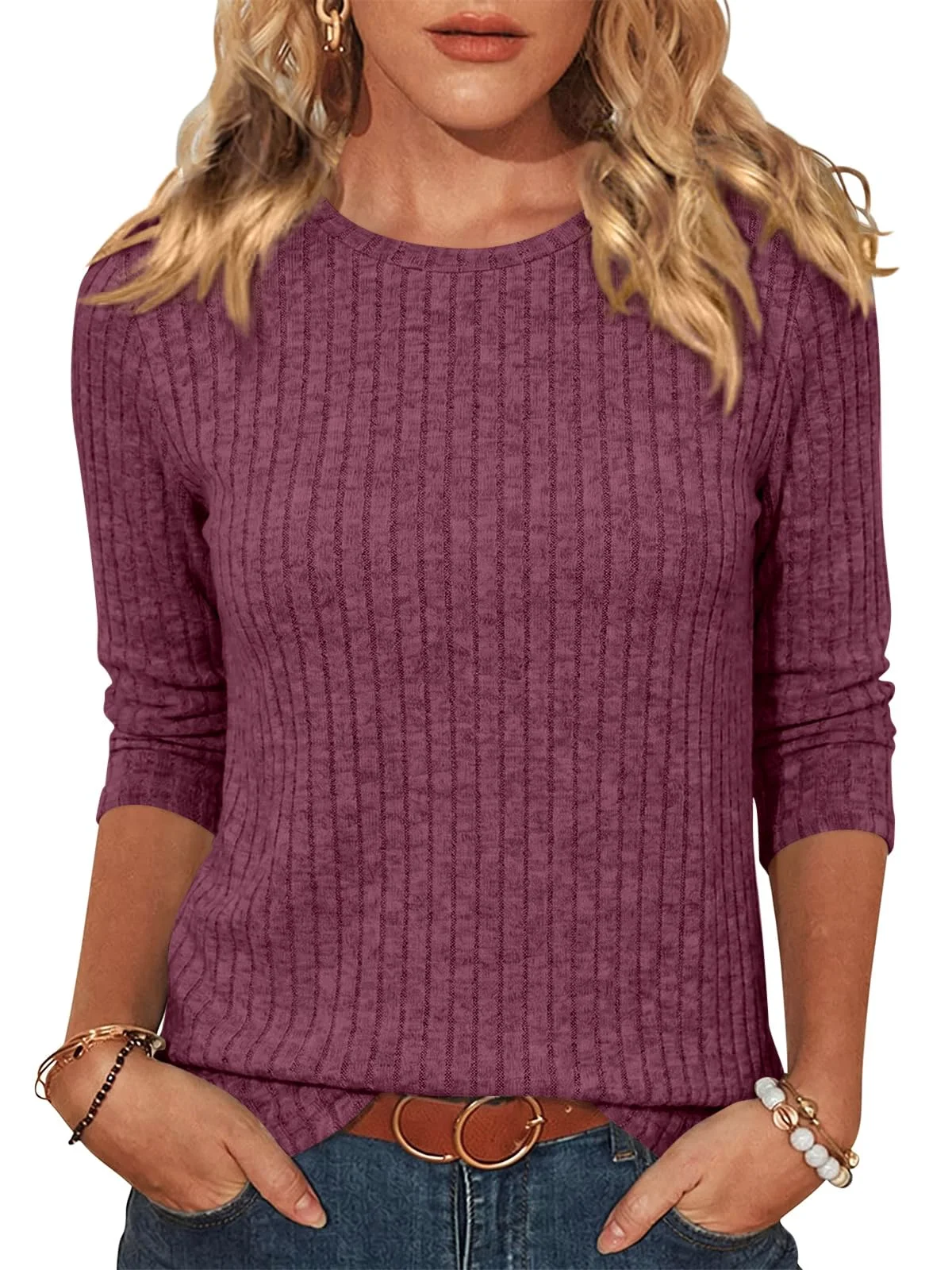 TICTICMIMI Ribbed crewneck 3/4 sleeve tunic in Wine