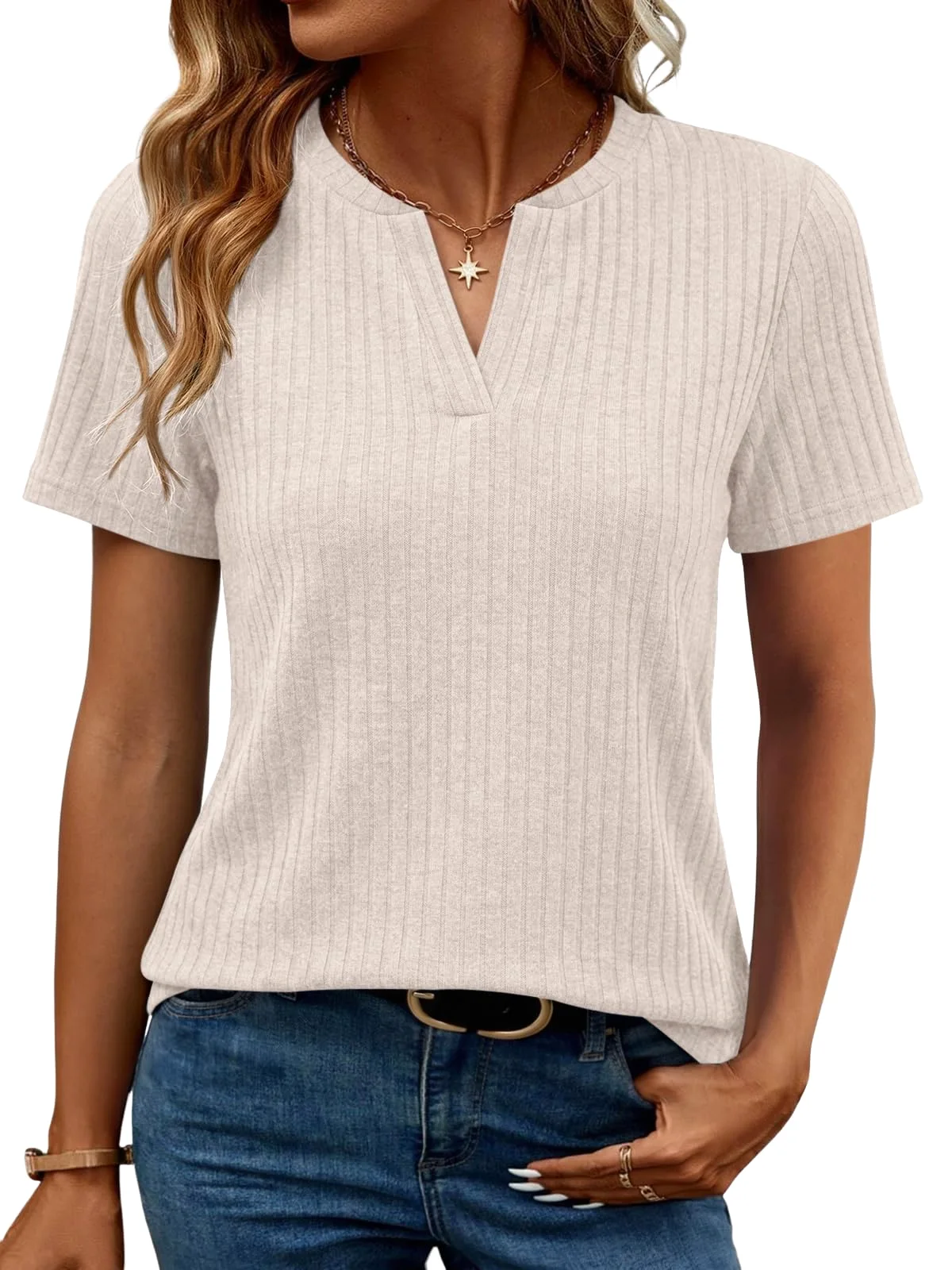 TICTICMIMI Ribbed notch V-neck tee in Apricot