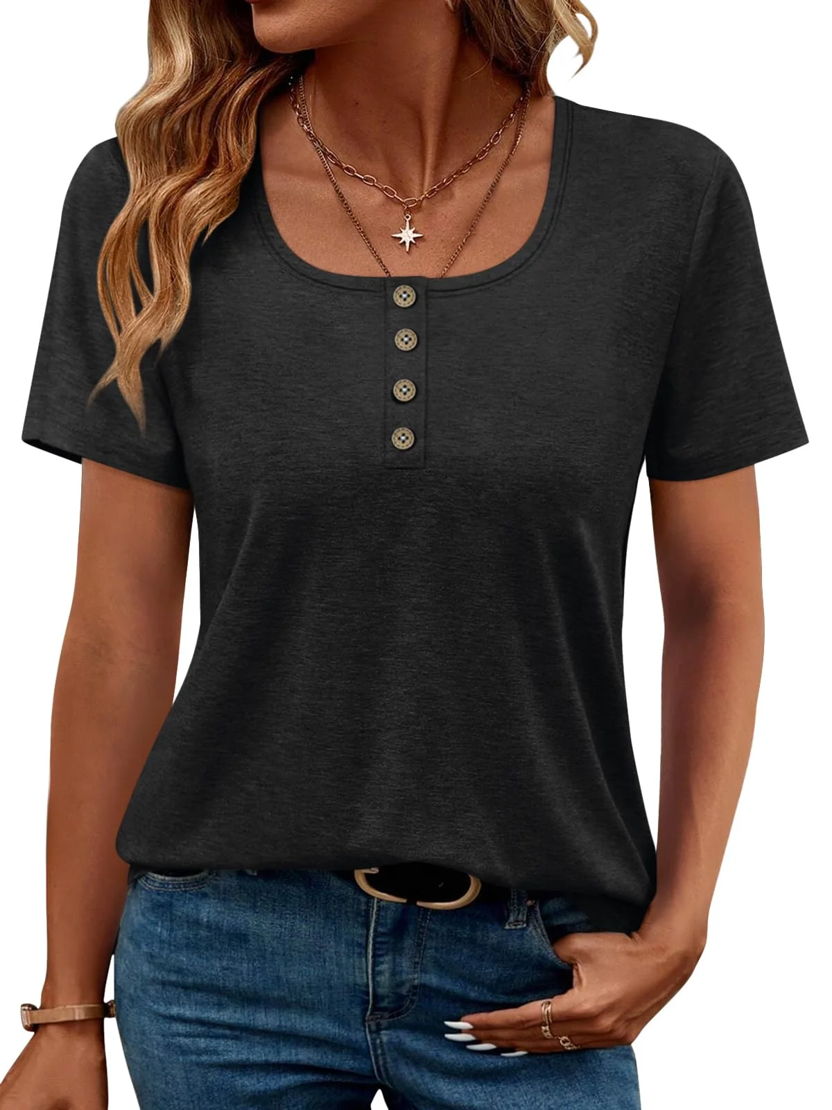 TICTICMIMI Scoop neck short sleeve henley in Black