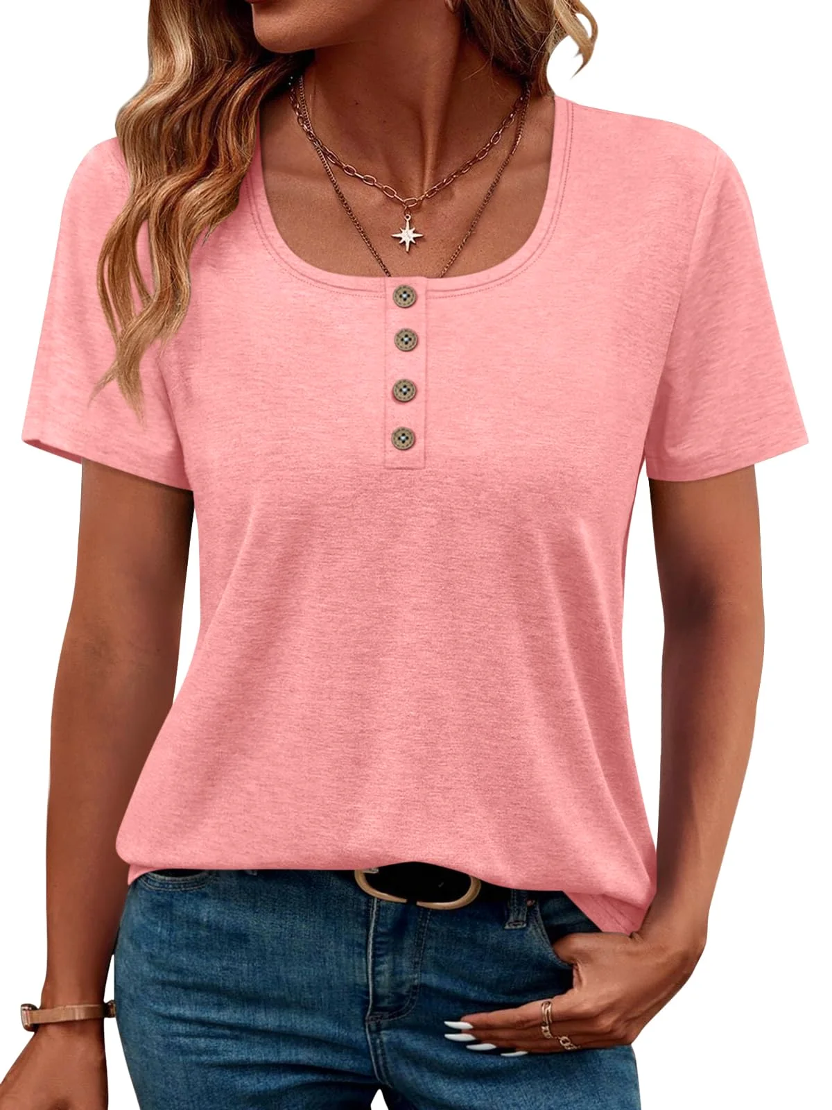 TICTICMIMI Scoop neck short sleeve henley in Coral