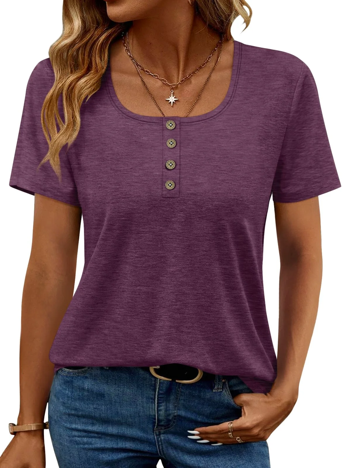 TICTICMIMI Scoop neck short sleeve henley in Purple