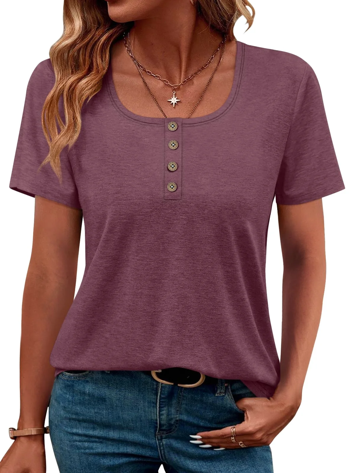 TICTICMIMI Scoop neck short sleeve henley in Wine