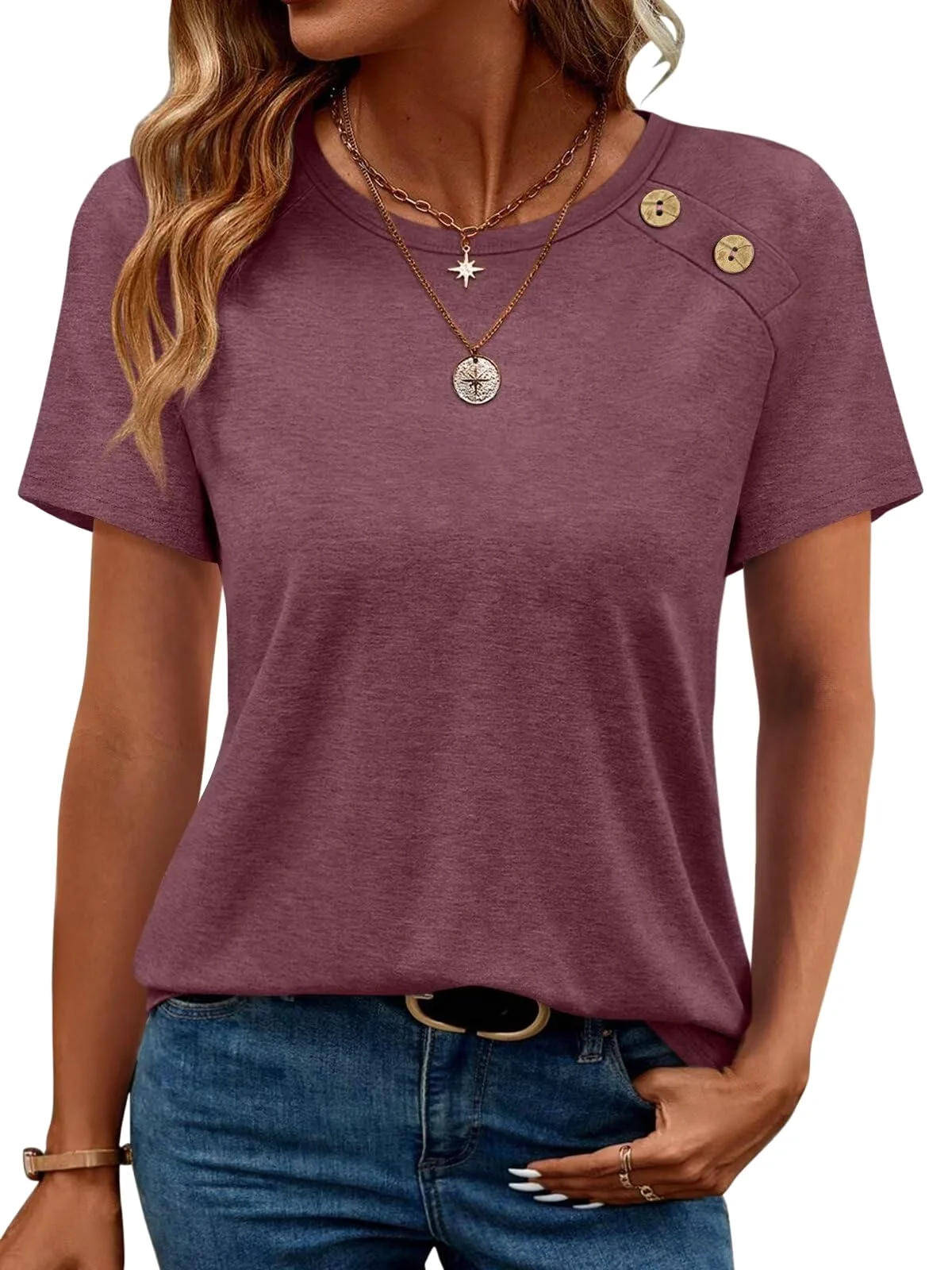 TICTICMIMI Side-button crewneck tee in Wine Red