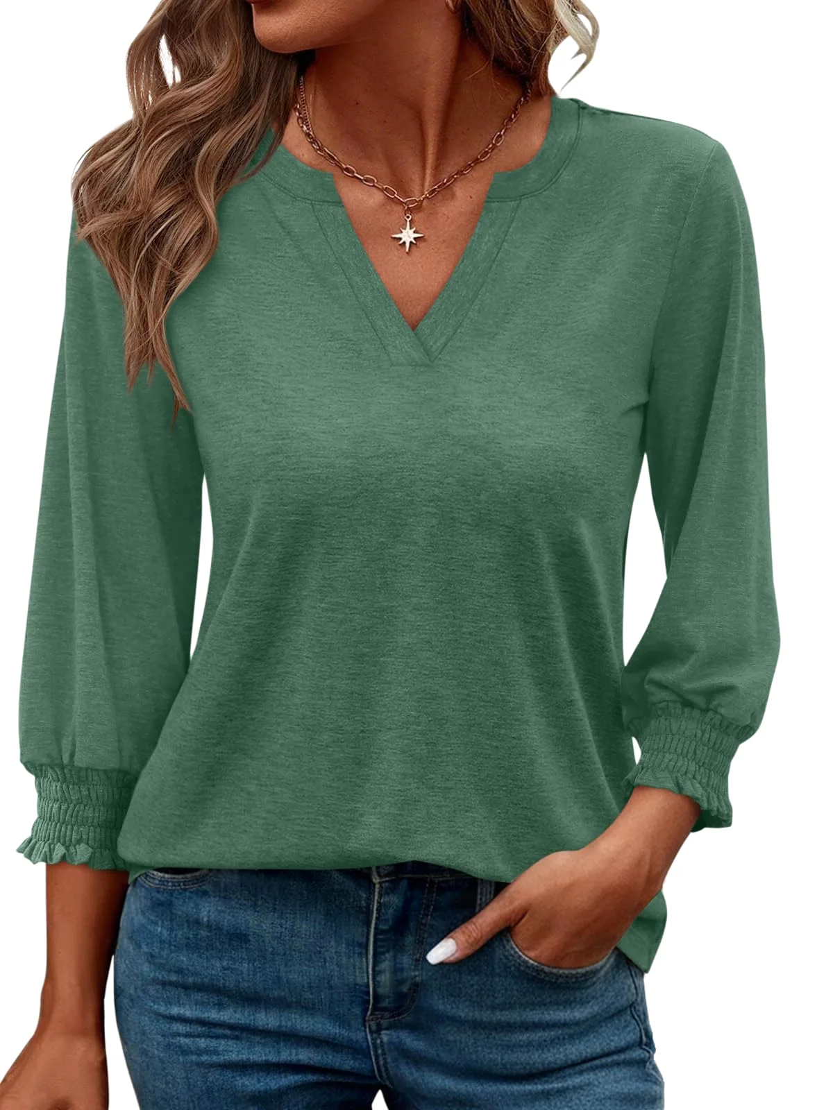 TICTICMIMI Smocked-cuff V-neck 3/4 sleeve top in Green